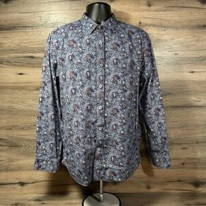 Johnston & Murphy Shirt Mens Large Blue Paisley Flip Cuff Party Cotton Button Up